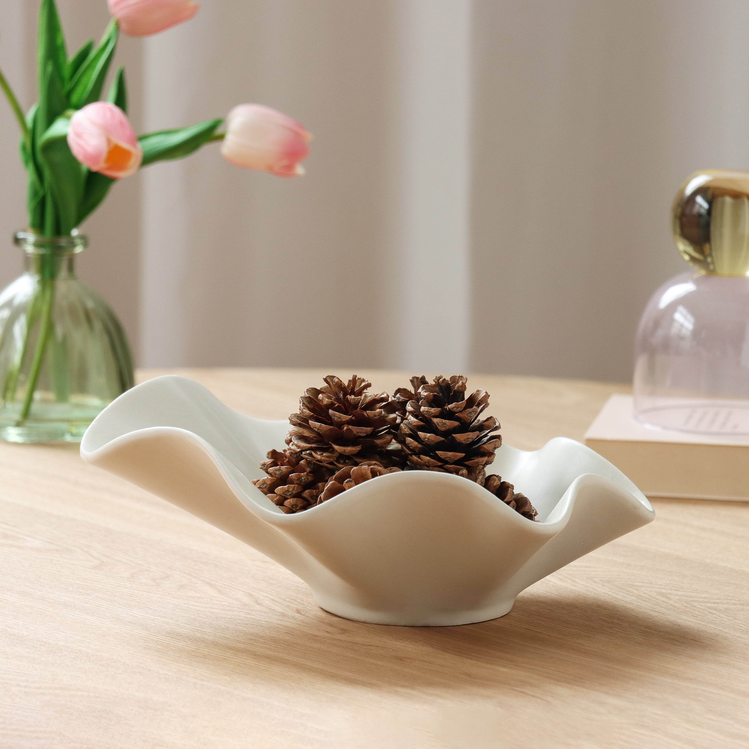 Home Decor Collection Sterling & Noble Home Ruffle Shaped Off-White Ceramic Indoor Tabletop Decorative Bowl