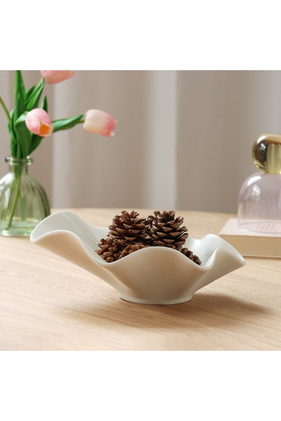 Sterling & Noble Home Ruffle Shaped Off-White Ceramic Indoor Tabletop Decorative Bowl