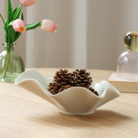 Home Decor Collection Sterling & Noble Home Ruffle Shaped Off-White Ceramic Indoor Tabletop Decorative Bowl