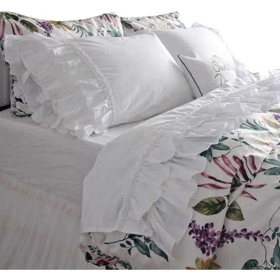 Ruffle Sheets Set Queen Size French Country Lace Bedding 100% Cotton Shabby Vintage Bed Sheet Set 4pcs Deep Pockets Ruffled Bed Sheets