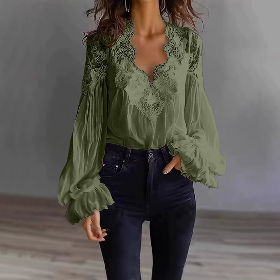 Ruffle Shirt Women Women's Lace Patchwork V Neck Blouse, Blouse Pleated Deep Long Sleeve Sheer Shirts Solid Casual Loose Tops Blackish Green L
