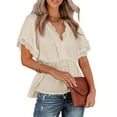 thumbnail image 1 of Ruffle Short Sleeve V Neck Blouse Crochet Lace Trim Elastic Waist Peplum Back Tie for Daily Work Shopping Date, 1 of 5