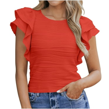 Ruffle Short Sleeve Womens Blouse Dressy Casual Textured Shirt Solid Color Crew Neck Elegant Top