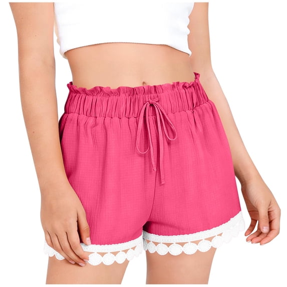 Ruffle Shorts Girls Elastic High Waisted Summer Short with Floral Lace Patterned Hem Casual Travel Vacation Beach Shorts with Pockets 5-6 Years