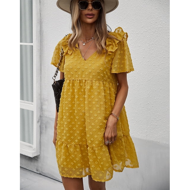 Ruffle Shoulder Textured Floral Detail Short Sleeve Dress for Women ...