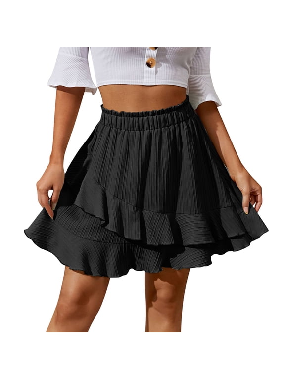 Ruffle Skirt 2023 Summer Women High Waist Irregular Solid Short Flounce Hemline Casual Denim Pleated Tiered Boho Streetwear