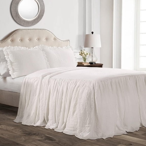 Ruffle Skirt Bedspread Set 3 Piece Farmhouse Style Crinkle Polyester King White