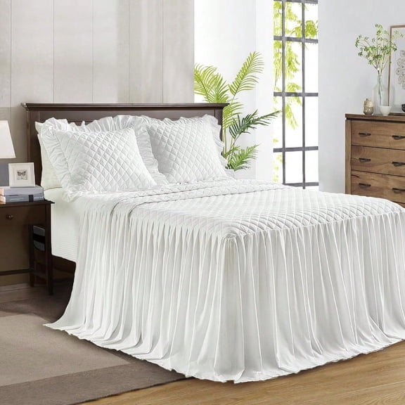 Ruffle Skirt Bedspread Set 30 Long Drop Vintage Chic Ruffled Summer Coverlet Bed Spreads Quilt Boho Bedding Farmhouse Style Lightweight Luxurious Rustic 3 Piece Set Queen Size White