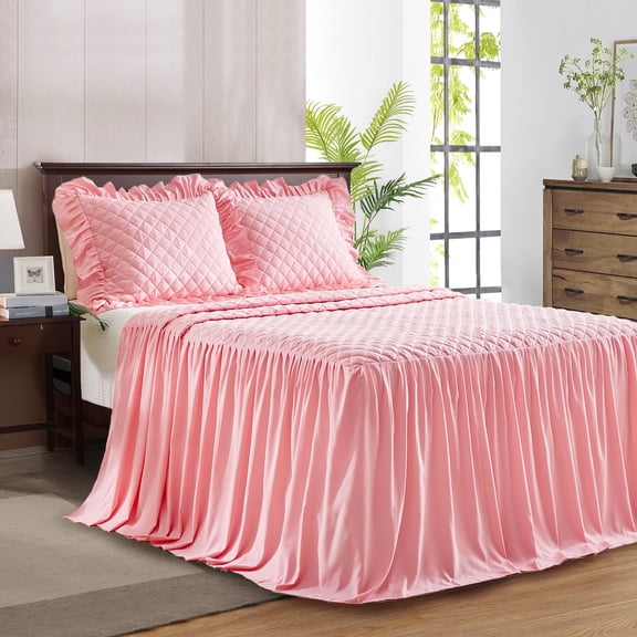 Ruffle Skirt Bedspread Set - 30" Long Drop Vintchic Ruffled Summer Coverlet Bed Spreads Quilt Boho Bedding Farmhouse Style Lightweight Luxuriorustic 2 Piece Size Pink