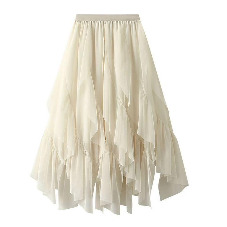 Ruffle Skirts for Women Midi Length Ladies Pure Color Irregular Mesh Multi Layered High Waist Asymmetrical Skirt