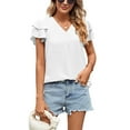 thumbnail image 1 of Ruffle Sleeve Blouse V Neck Pure Color Loose Fit Casual Women Short Sleeve Top for Summer White XXL, 1 of 6