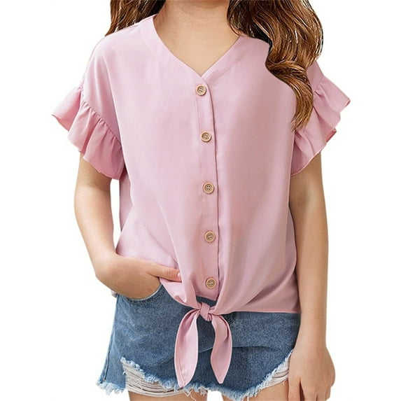 Ruffle Sleeve Girls Solid Color V-Neck Casual Kids Blouse Button Tops