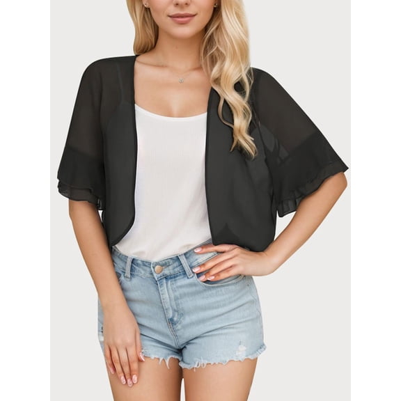 Ruffle Sleeve Sheer Shrug for Women – Cropped Open-Front Casual Dressy Wear