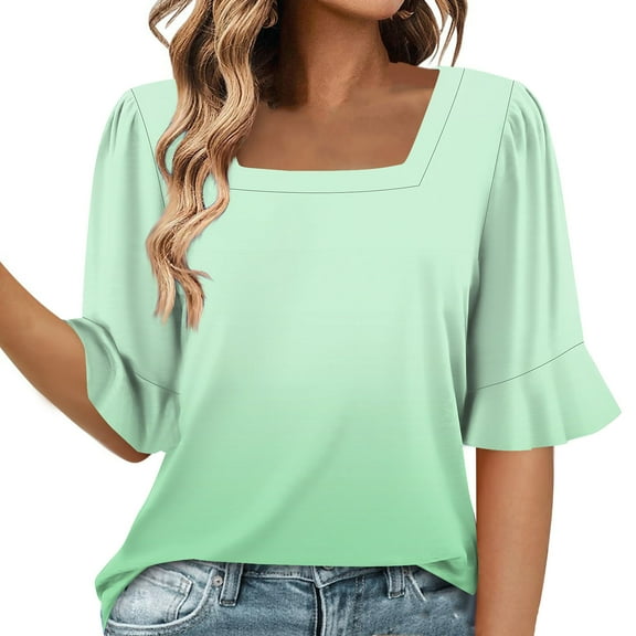 Ruffle Sleeve Shirts for Women Square Neck Gradient Short Sleeve Blouses Going out Tops Casual Loose Basic Tees (XL, Green)