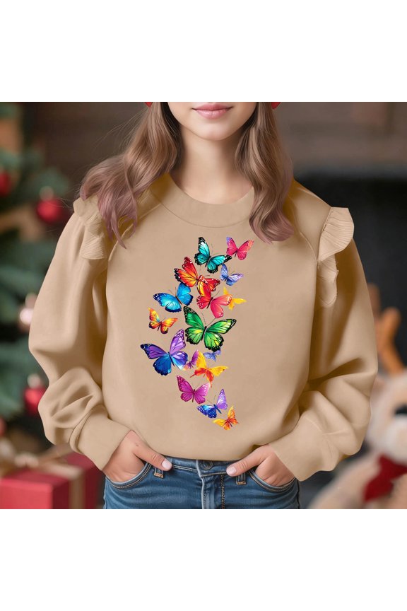 Ruffle Sleeve Sweatshirt for Girls Rainbow Cloud Print Pullover Long Sleeve Soft Cotton Top Cute Fashion School Outfit Birthday Wear Top for Teen