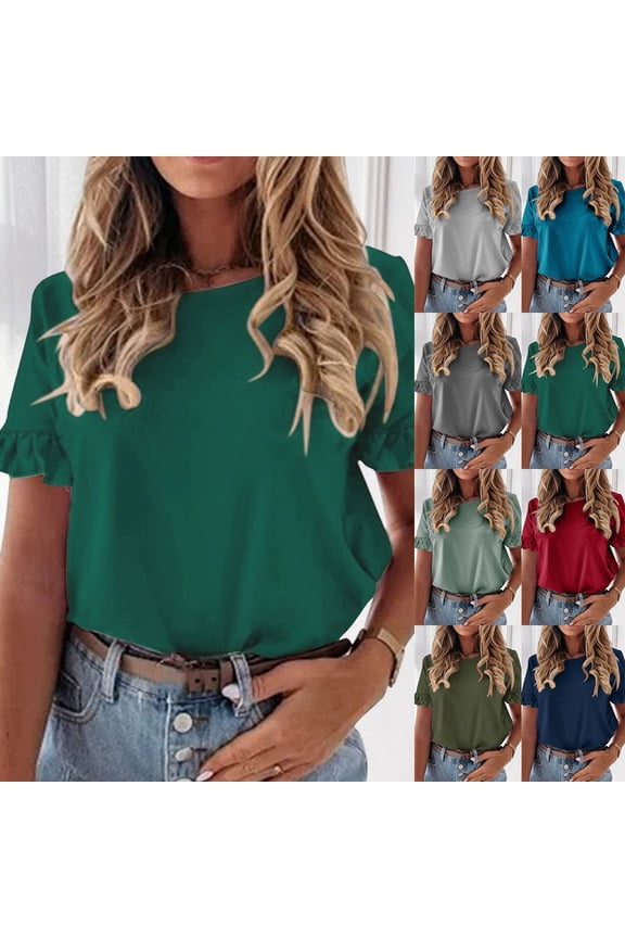 Ruffle Sleeve T Shirts for Women Summer Casual Breathable Tee Short Sleeve Crew Neck Loose Tops Green M