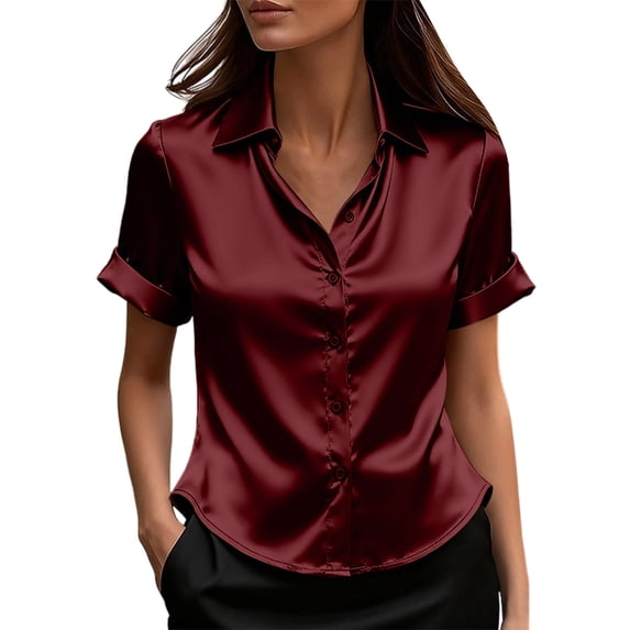 Ladies Button-up Satin Blouses, Women Short Sleeve Lapel Neck Work Shirts Female Solid Color Collared Loose Casual Tops
