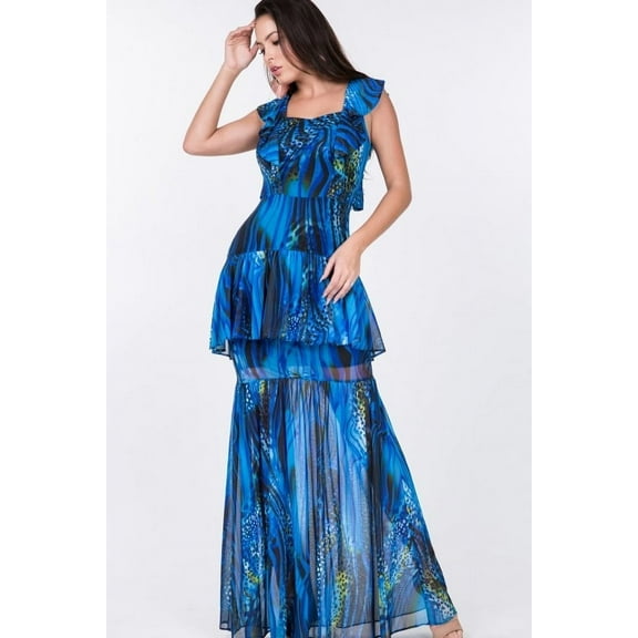 Ruffle Sleeve Tiered Bottom Print Long Dress