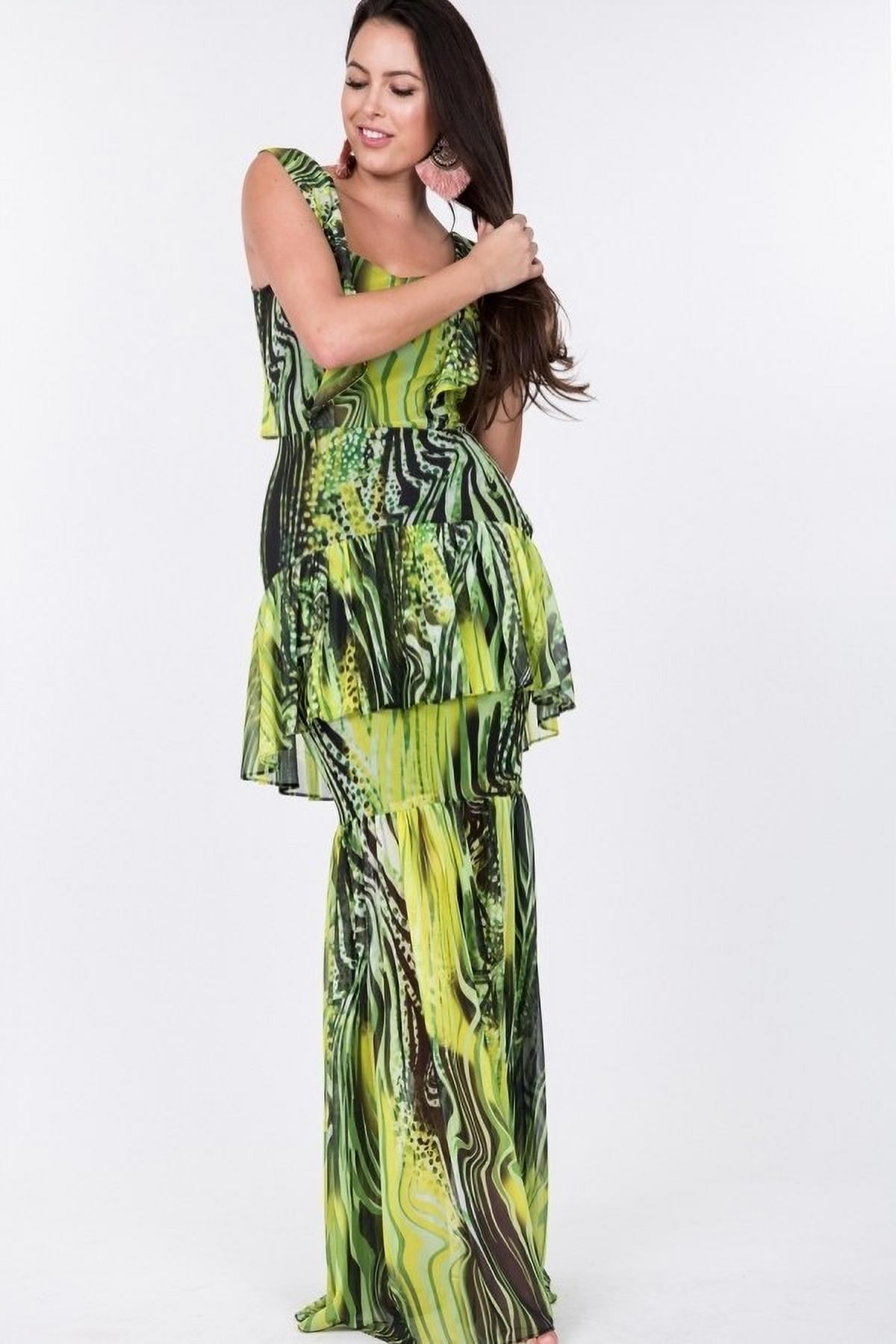 Printed Tie Front Ruffle Trim Long Sleeve Dress