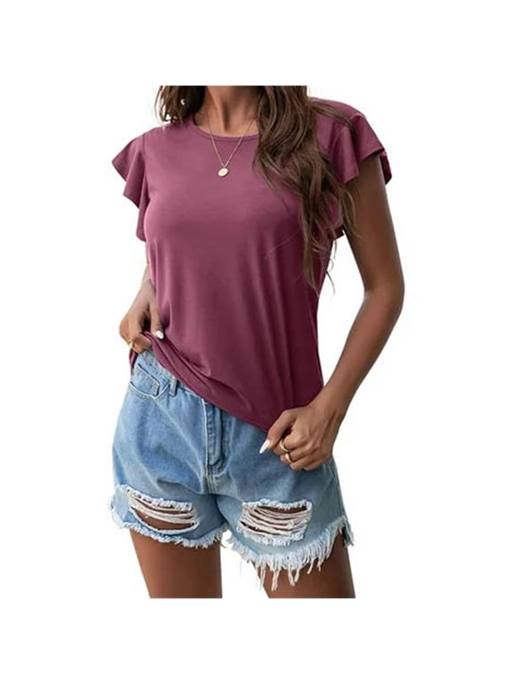 Ruffle Sleeve Tops Baggy Shirt Flutter Sleeve Tops Tshirts Shirts Shirts for Women Plain Tshirts Workout Tops Tee Shirts Basic Tees Business Casual Short Sleeve Shirts Fitted Tops Red XL