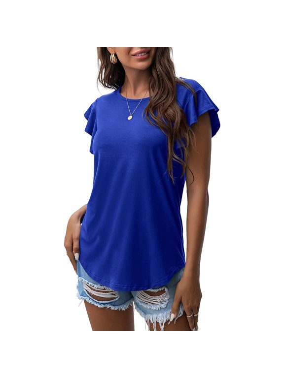 Ruffle Sleeve Tops Round Neck Loose Fitting Tops Tshirts Ruffle Shirt Basic Tees Tee Blouse Tops Ruffle Top Loose Fit Business Casual Baggy Shirt Flutter Sleeve Tops Plain Tshirts Blue L
