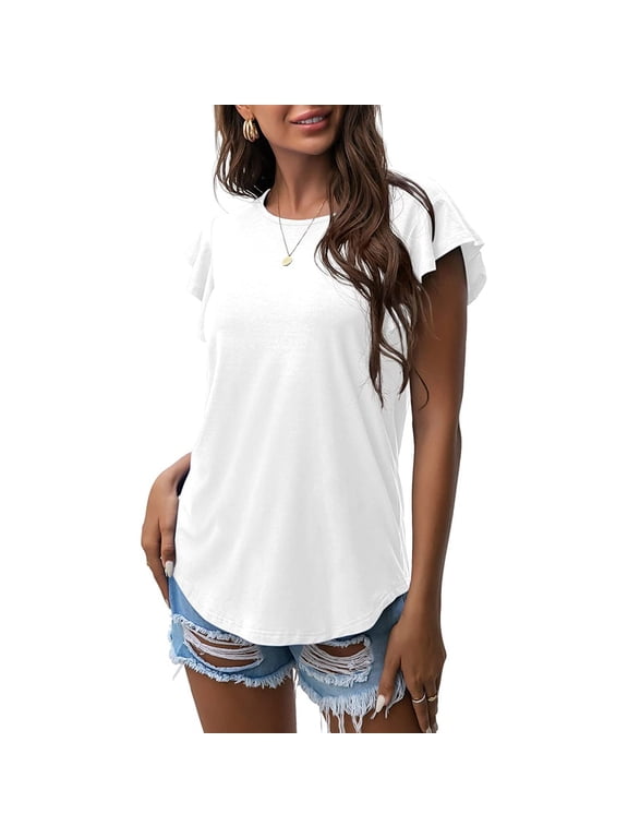 Ruffle Sleeve Tops Ruffle Top Tee Shirts Tee Blouse Tops Basic Tees Ruffle Shirt Relaxed Fit Tees Shirts for Women Oversized Tshirts Flutter Sleeve Tops Flowy Shirt Tshirts Shirts White S