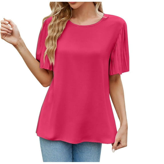 Ruffle Sleeve Tops for Women Short Sleeve Round Neck Casual Shirts Solid Pullovers Elegant Summer Comfy Tops Hot Pink,S