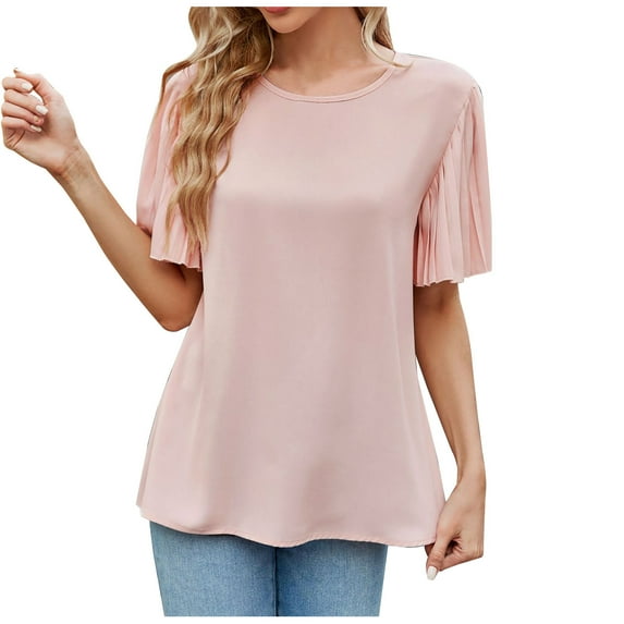 Ruffle Sleeve Tops for Women Short Sleeve Round Neck Casual Shirts Solid Pullovers Elegant Summer Comfy Tops Pink,S