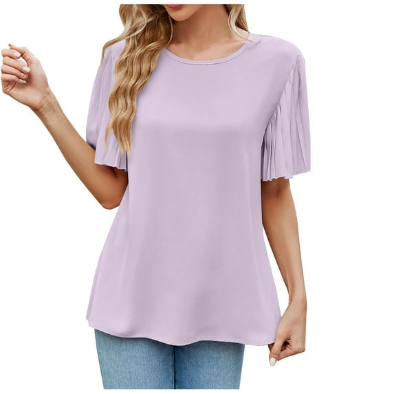 Ruffle Sleeve Tops for Women Short Sleeve Round Neck Casual Shirts Solid Pullovers Elegant Summer Comfy Tops Purple,M