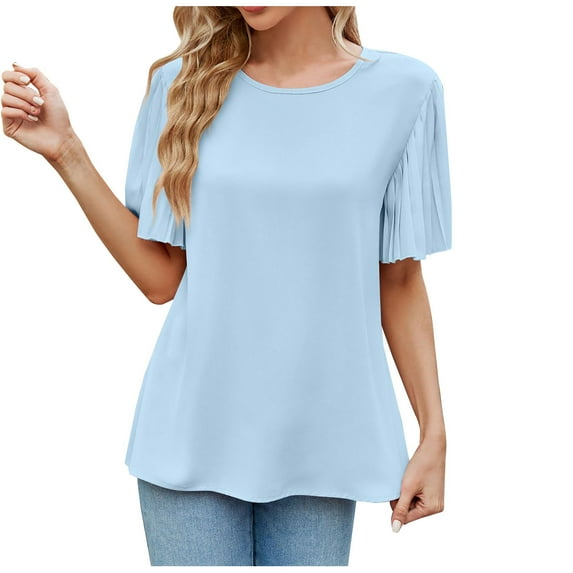Ruffle Sleeve Tops for Women Short Sleeve Round Neck Casual Shirts Solid Pullovers Elegant Summer Comfy Tops Sky Blue,XL