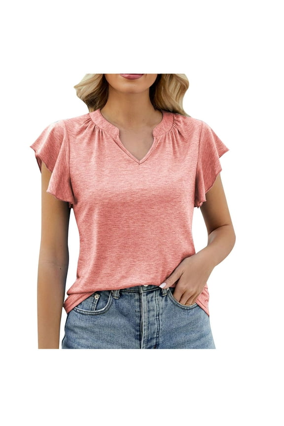 Ruffle Sleeve Tops for Women Summer Casual V Neck Short Sleeve Tshirts Plain T-shirts Soft Comfy Dressy Blouses (Small, Pink)