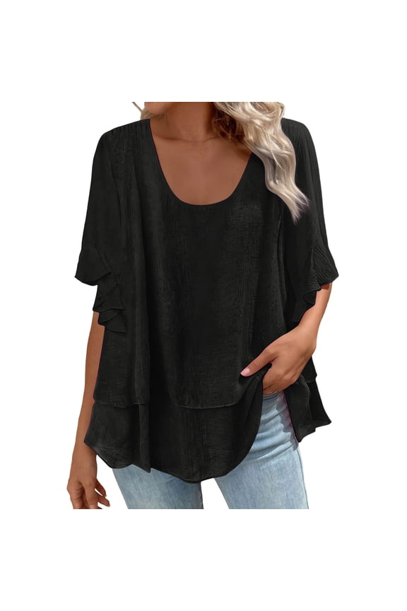 Ruffle Sleeve Women's Round Neck Layered Top Crinkle Texture Casual T-Shirt Solid Color Relaxed Fit Blouse for Everyday and Vacation