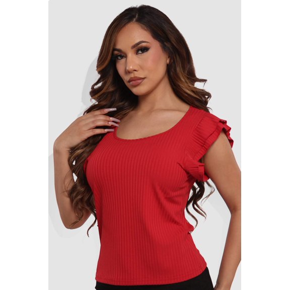 Ruffle Sleeves Rib Knit Tank Tops - Red