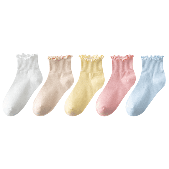 Ruffle Socks Cute Cotton Summer Breathable 5 Pairs Crew Socks Solid Color for Women Gift