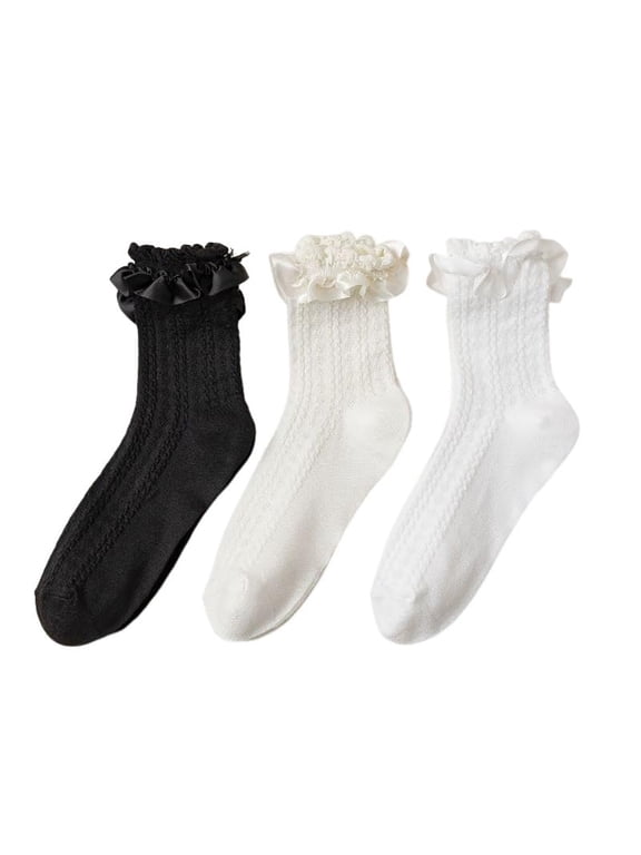 Ruffle Socks Frilly Lace Cute Lolita Style Cotton Breathable Socks for Women 3 Pairs