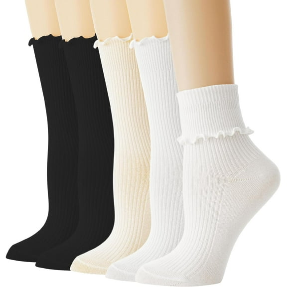 Ruffle Socks Woman, White Crew Cute Frilly Ankle Lettuce Dress Socks for Women Girls Turn-Cuff 5Pairs