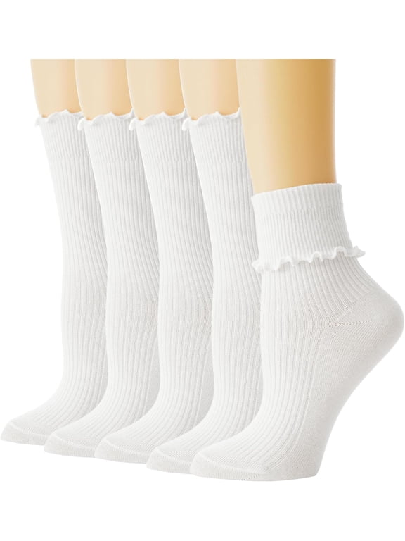 Ruffle Socks Woman, White Crew Cute Frilly Ankle Lettuce Dress Socks for Women Girls Turn-Cuff 5Pairs
