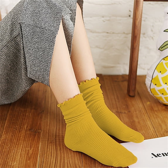 Ruffle Socks Women Turn-Cuff Frilly Sock Lightweight Cotton Sock Athletic Crew Socks Breathable Thin Ladies Socks Ankle Socks for Women Yellow One Size