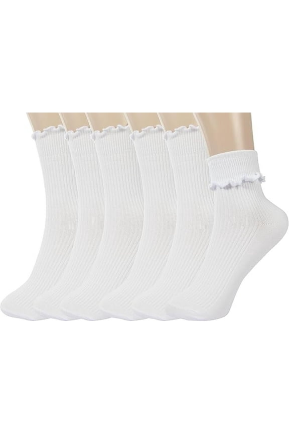 6 Pack Ruffle Socks Women - Turn-Cuff Frilly Sock - Lightweight Cotton Socks-White