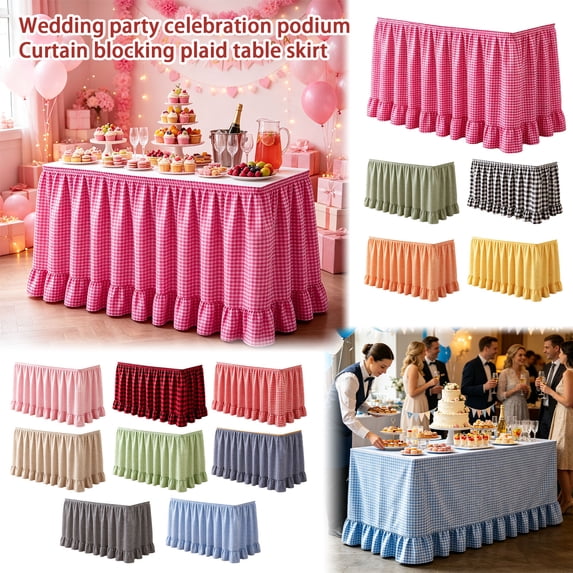 Ruffle Table Skirt Deep Red Plaid Checkered Design for Graduation Decor, Banquet Wedding Party Celebration, Elastic Fitted Table Cloth for Home and Venue Event Decor, 1 Piece