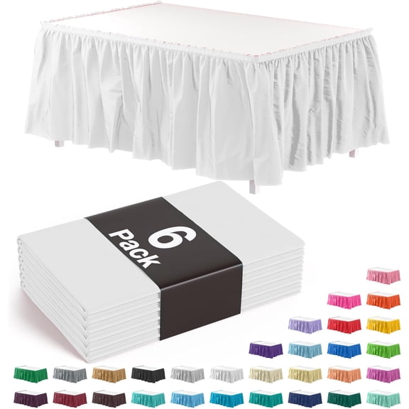 Ruffle Table Skirt White Pack of 6, 14 Ft Long Table Skirts for Rectangle Tables 6ft Plus or Round Tables Skirts with Adhesive Strip for Gender Reveal Decor & Happy Birthday Parties