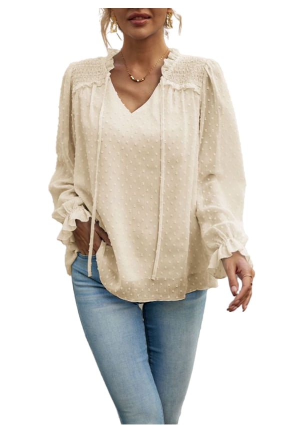 Ruffle Tie Neck Swiss Dot Long Sleeve Light Blouse for Women Beige Small