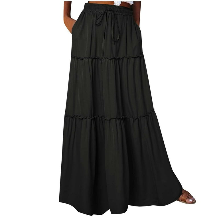 Ruffle Tiered Maxi Skirt Womens Elastic Tie Waist A Line Long Skirt Dress with Pockets Ladies High Waisted Skirts X Large Black