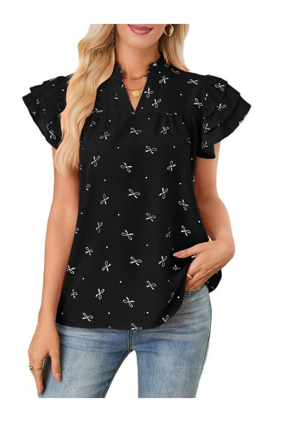 Ruffle Tops for Women Loose Notched V Neck Boho Tops Layered Flutter Sleeve Tunic Shirts Black XL