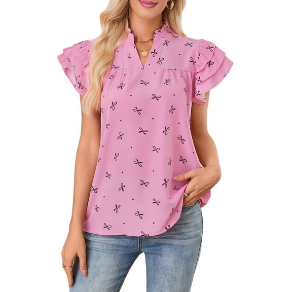 Ruffle Tops for Women Loose Notched V Neck Boho Tops Layered Flutter Sleeve Tunic Shirts Pink S