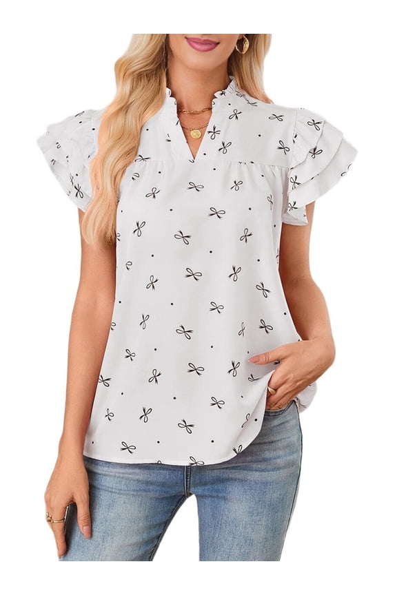 Ruffle Tops for Women Loose Notched V Neck Boho Tops Layered Flutter Sleeve Tunic Shirts White M