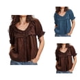 thumbnail image 1 of Ruffle Tops for Women Summer Trendy Casual Short Puff Sleeve Button Up Slim Fit Cute T Shirts Blouse Tops, 1 of 4