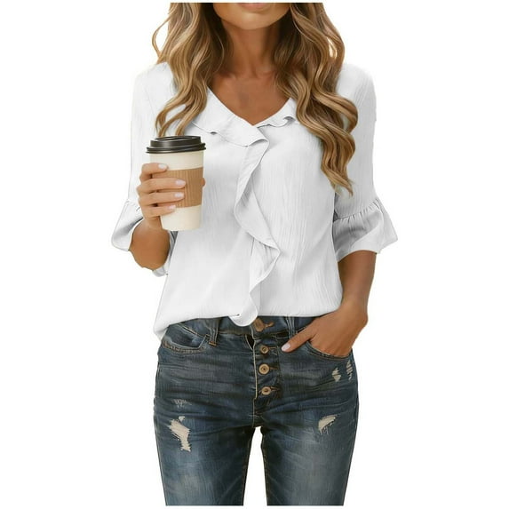 Ruffle Tops for Women Trendy Lightweight Chiffon V Neck Blouses Dressy Casual Spring Summer 3/4 Sleeve Shirt (2XL, White)