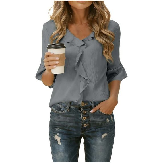 Ruffle Tops for Women Trendy Lightweight Chiffon V Neck Blouses Dressy Casual Spring Summer 3/4 Sleeve Shirt (M, Gray)