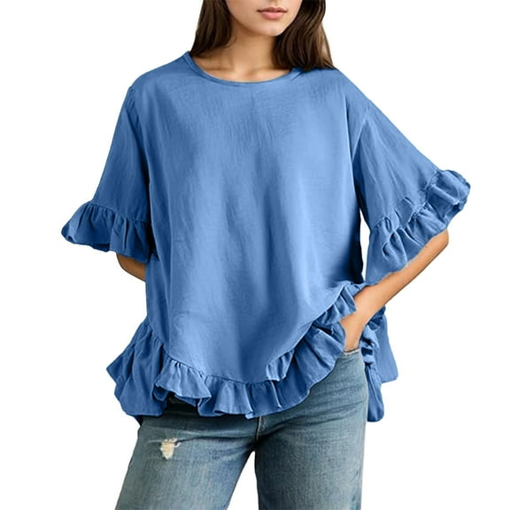 Ruffle Tops for Women, Yigetop Womens Daily Casual O Neck Shirts Short Sleeve Tops Collared Blouses Loose Fit Shirt Womens Ruffle Sleeve Top Blue M